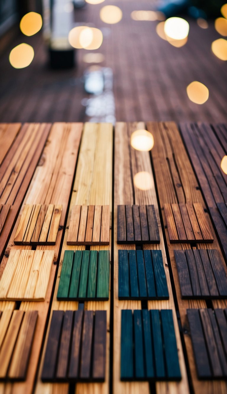 A wooden deck with 10 different colored stains applied, arranged in a pattern for display