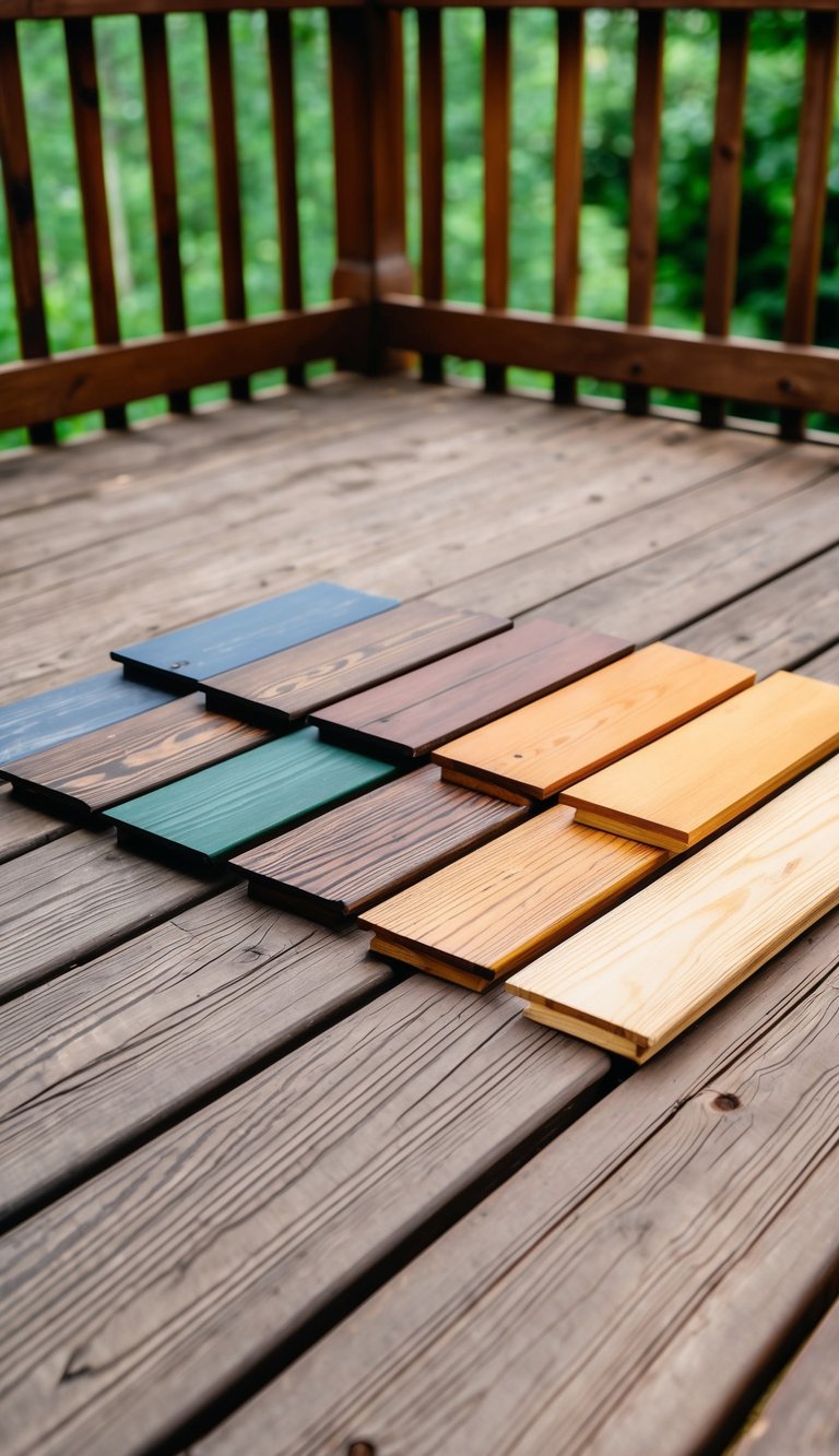 A wooden deck with 10 different colored stain samples applied, each with a transparent sealer finish