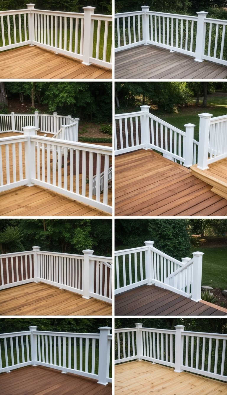 A wooden deck with white painted rails showcasing 10 different deck stain colors