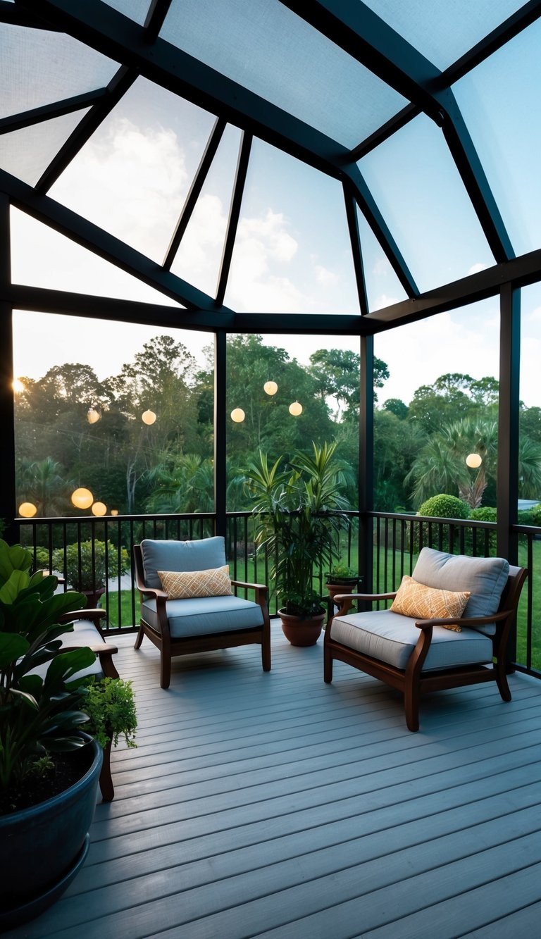 A spacious, modern screened-in deck with comfortable seating, potted plants, and soft lighting, overlooking a lush garden or scenic view