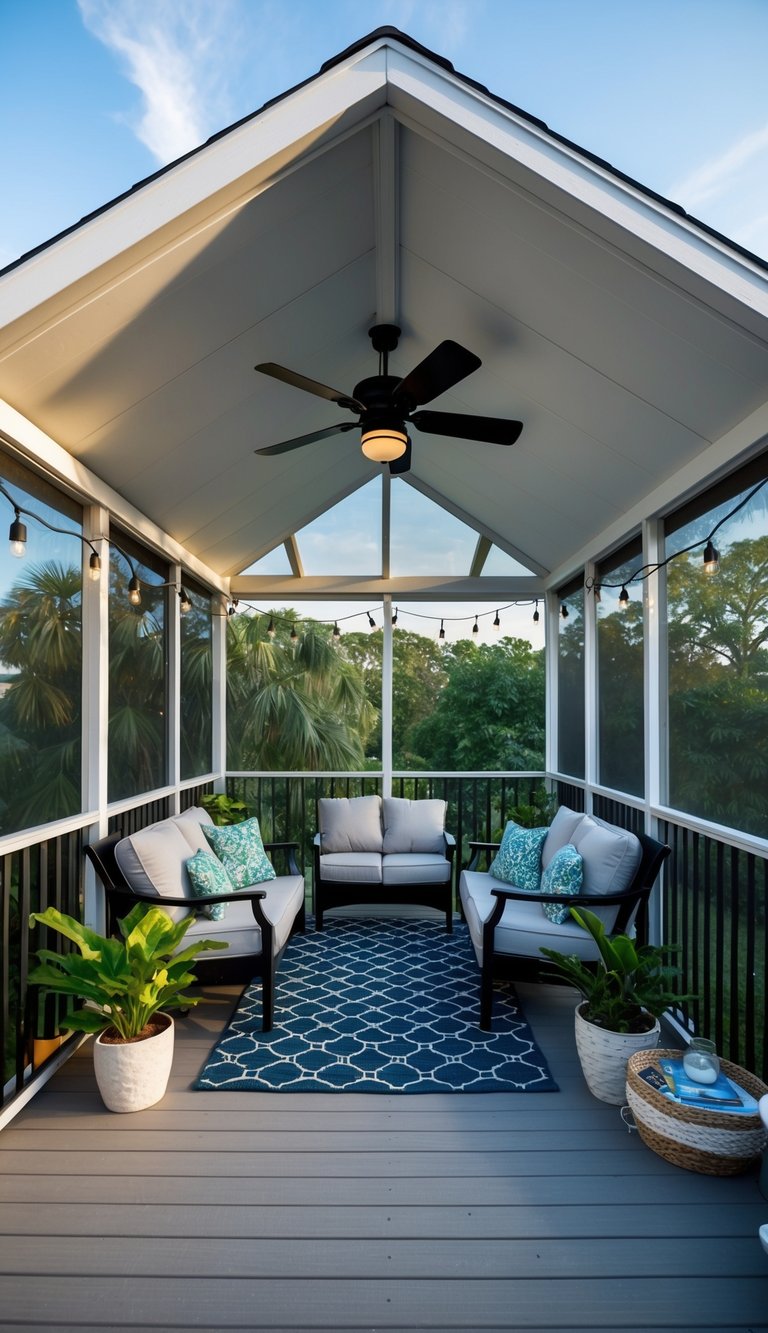 A gable roof screened-in deck with comfortable seating, potted plants, and string lights for versatile outdoor use