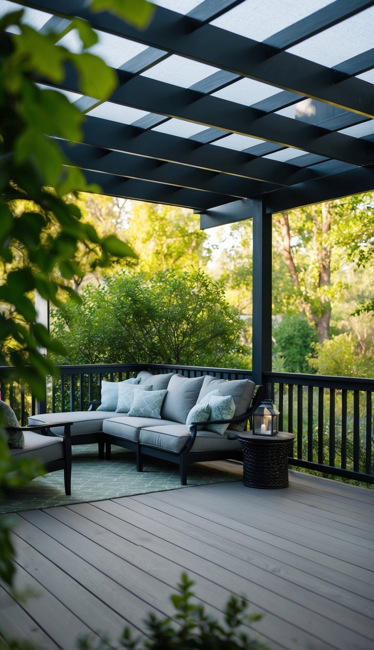 A half-covered deck with partial screening, surrounded by greenery and adorned with comfortable outdoor furniture