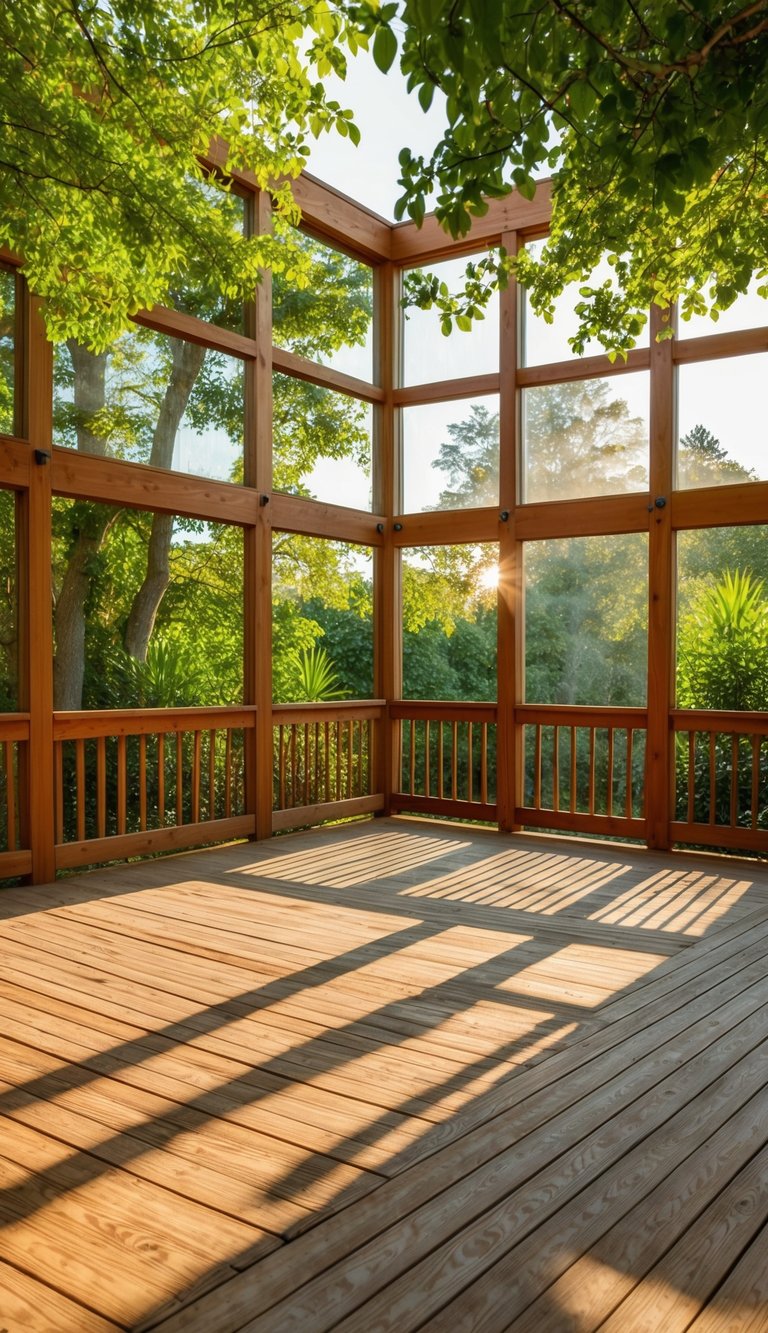 A spacious cedar deck with large screen panes, surrounded by lush greenery and bathed in warm sunlight