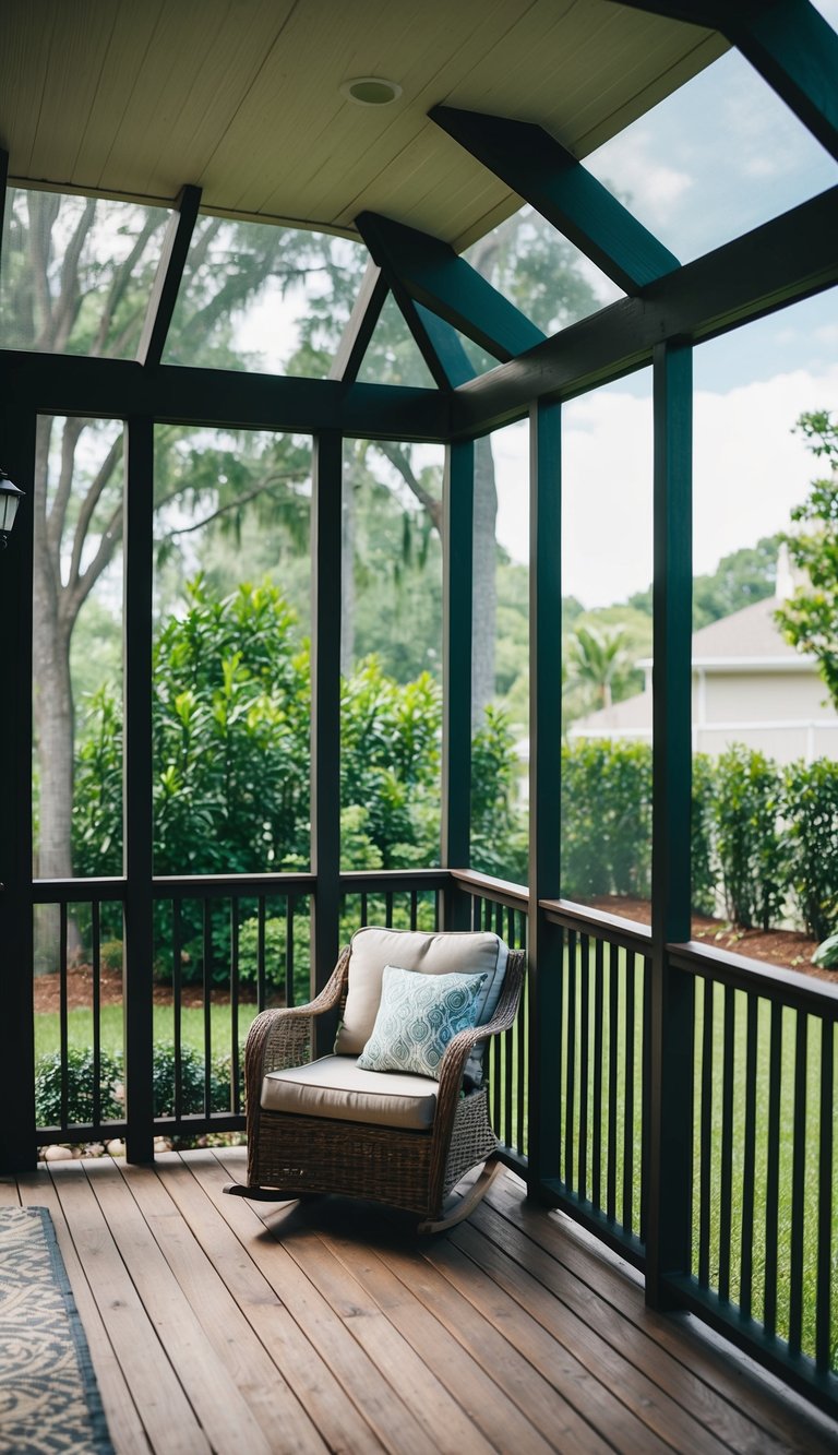 A cozy screened porch with a view of a lush backyard