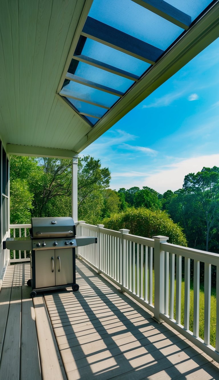 A cozy screen porch overlooks a spacious open-air grilling deck, surrounded by lush greenery and under a clear blue sky