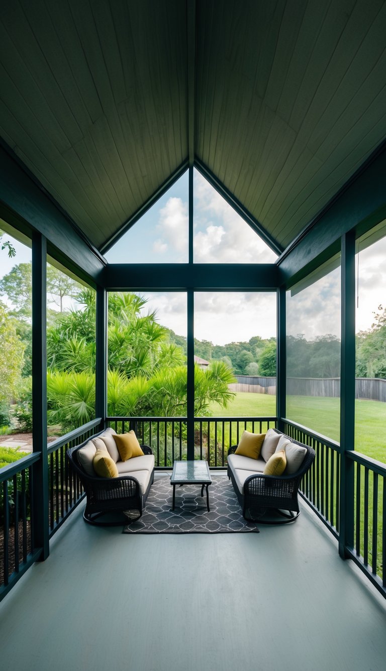 A spacious screened porch with a vaulted ceiling and cozy seating area, surrounded by lush greenery and overlooking a serene backyard landscape