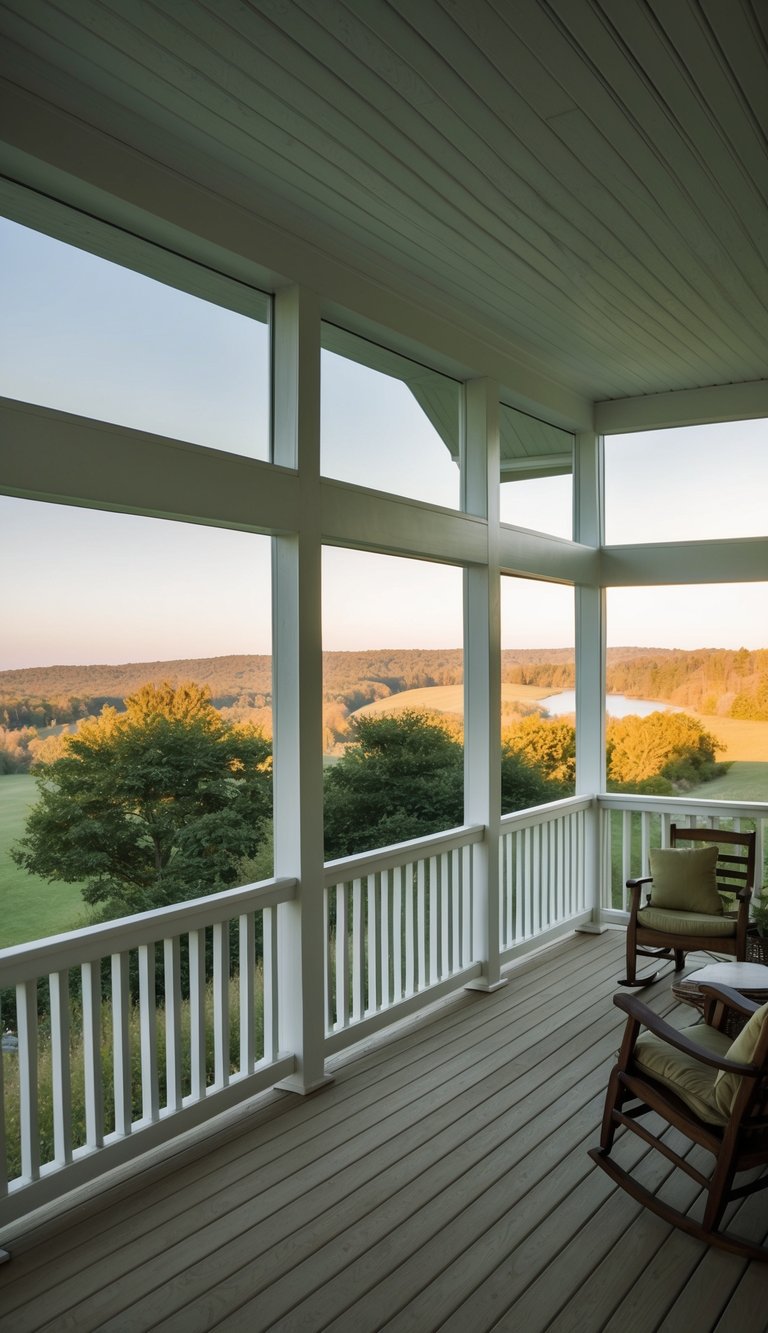 A cozy three-season porch with expansive views of the surrounding landscape