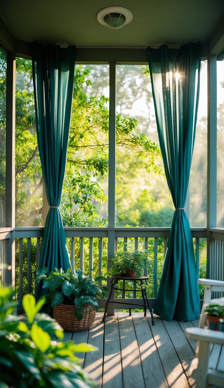 A cozy screened porch with mosquito curtains, surrounded by lush greenery and dappled sunlight filtering through the trees