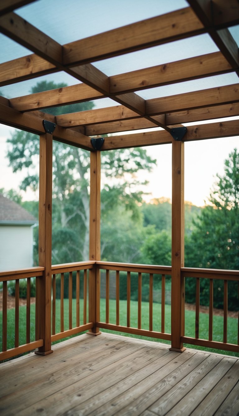A wood-framed screened deck with new design, replacing old structure