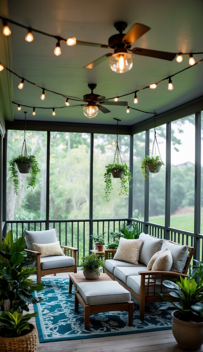 A cozy screened-in patio with hanging lights, potted plants, comfortable seating, and a view of the surrounding greenery