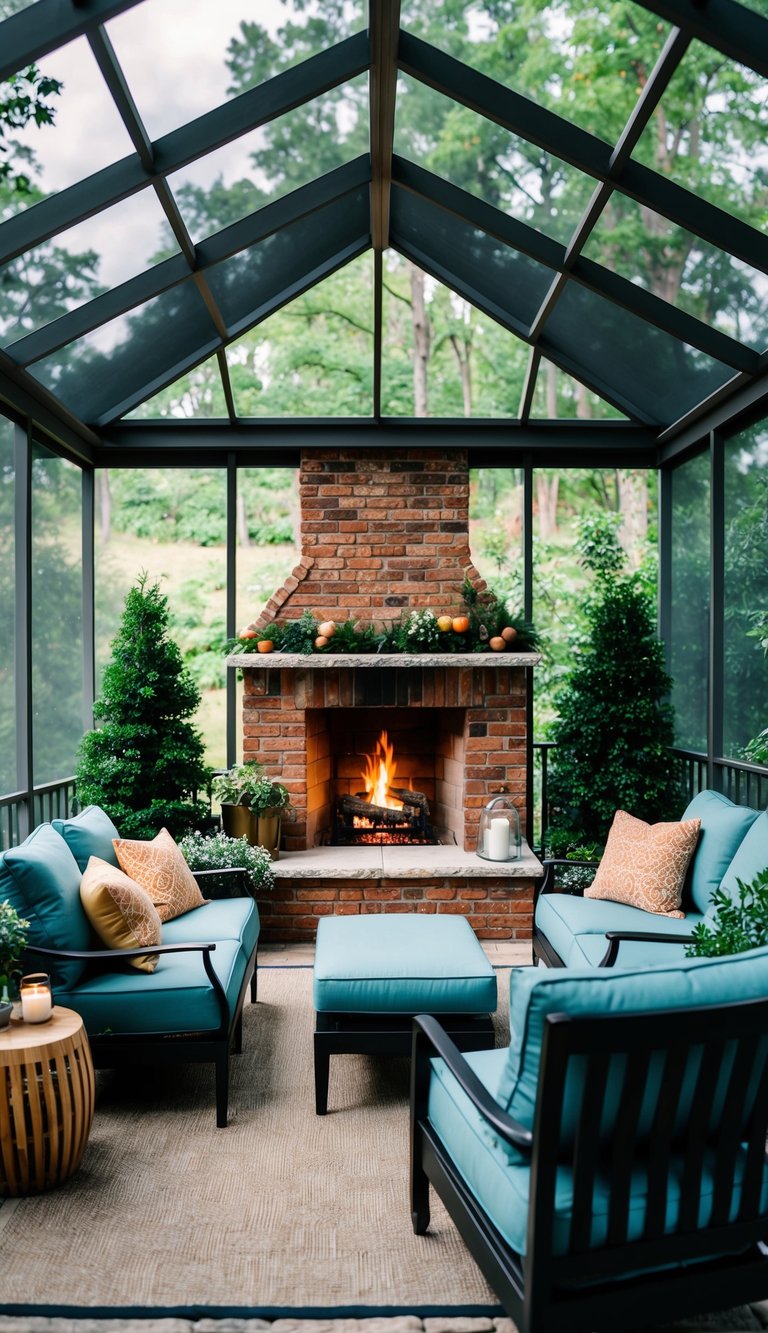 A cozy screened-in patio with a crackling fireplace, surrounded by comfortable seating and lush greenery for year-round enjoyment