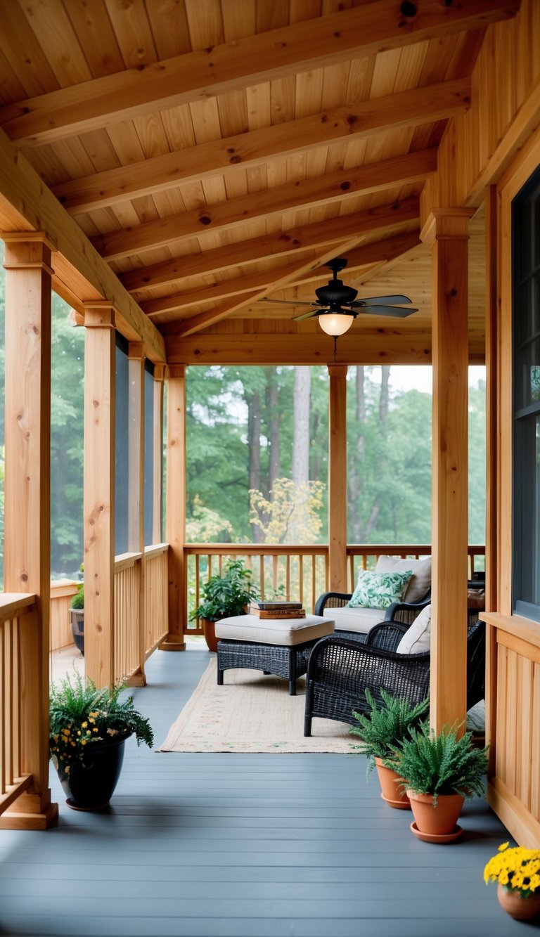 Cedar-framed patio with matching porch posts, surrounded by screens and adorned with cozy furniture and potted plants