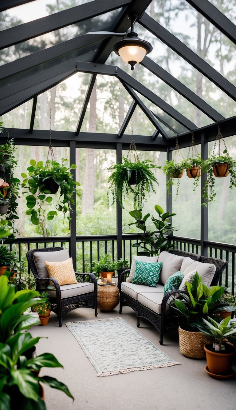 A cozy screened-in patio with potted plants and hanging greenery, creating a lush and inviting outdoor space