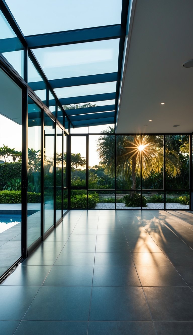 A spacious patio with floor-to-ceiling glass panels showcasing a lush outdoor landscape and allowing natural light to flood the interior