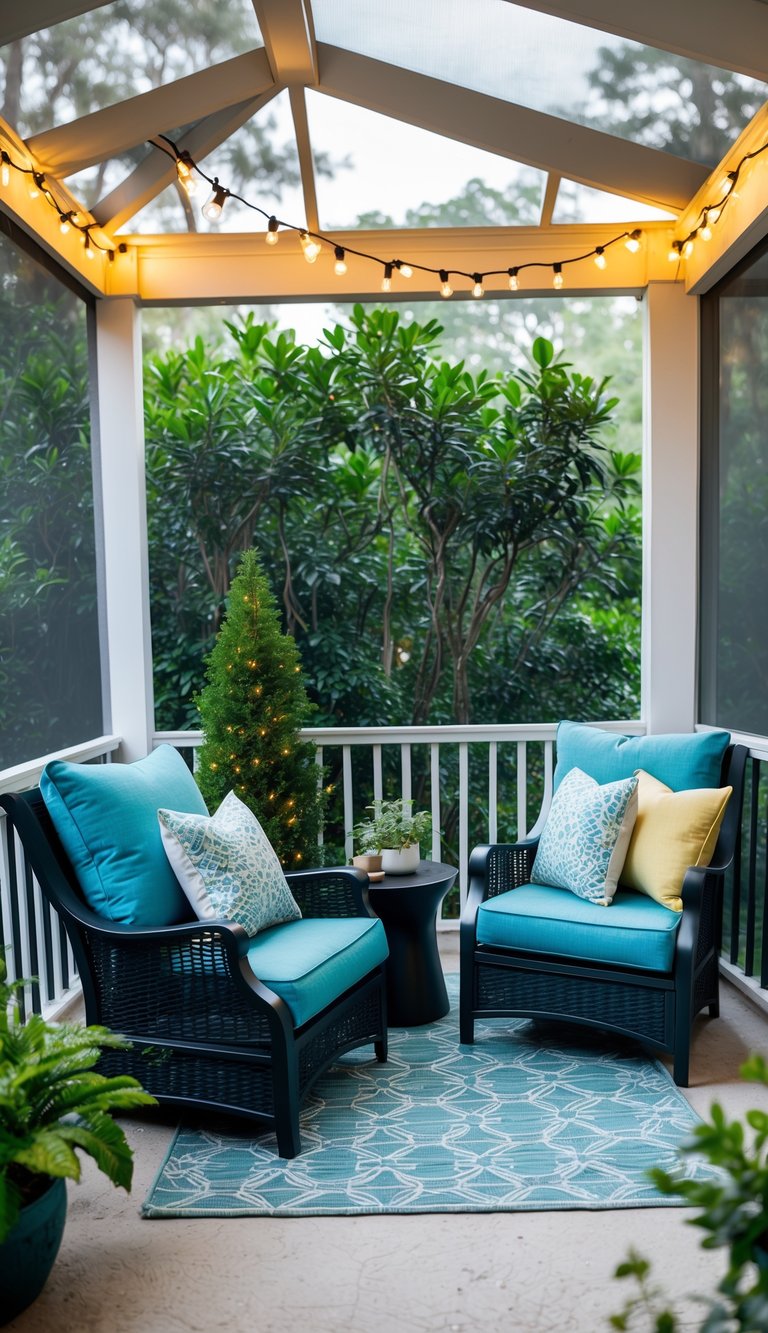 Cozy outdoor furniture with weather-resistant cushions on a screened-in patio, surrounded by lush greenery and softly glowing string lights