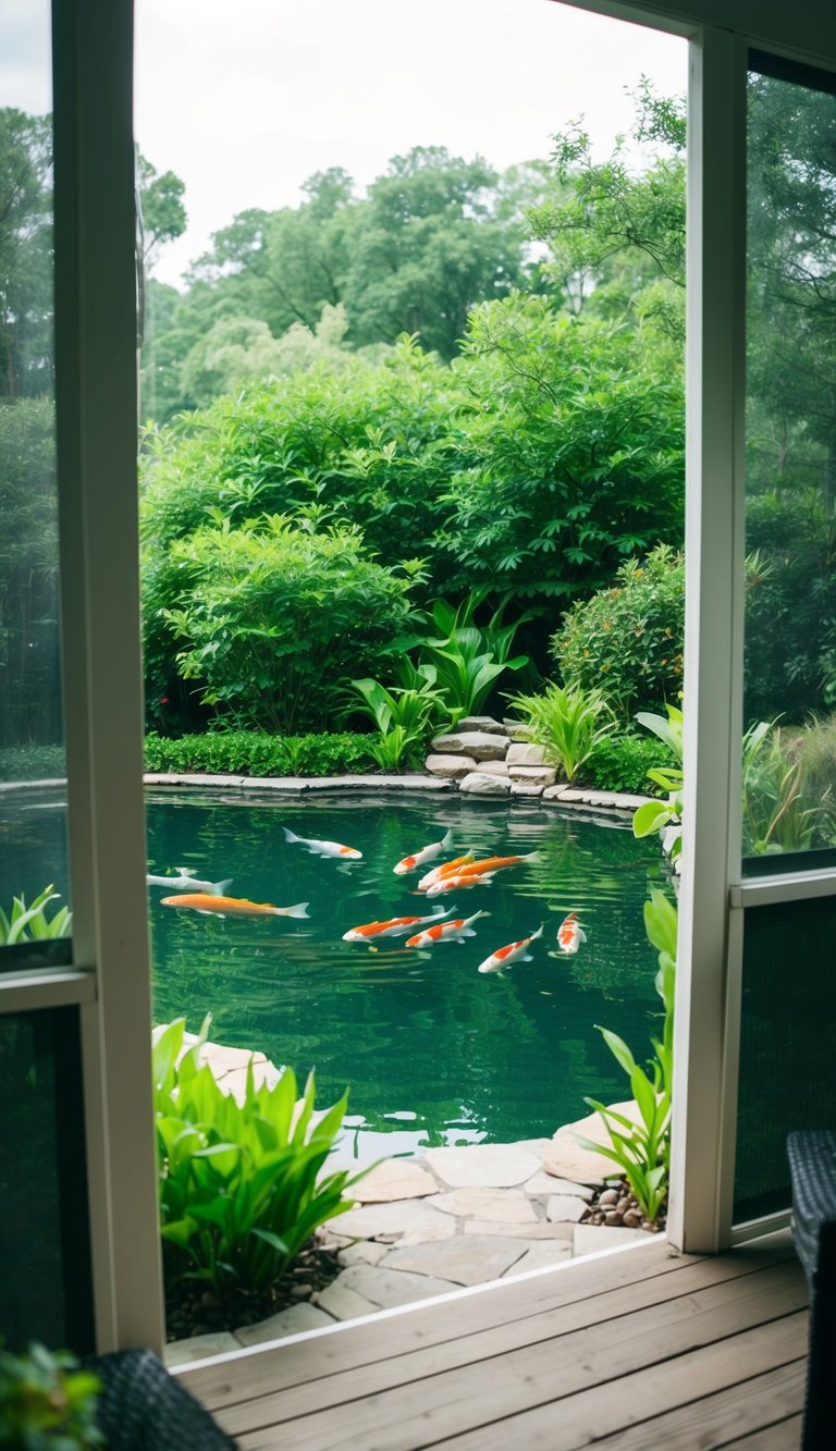 A serene koi pond, surrounded by lush greenery, is visible from the screened-in porch