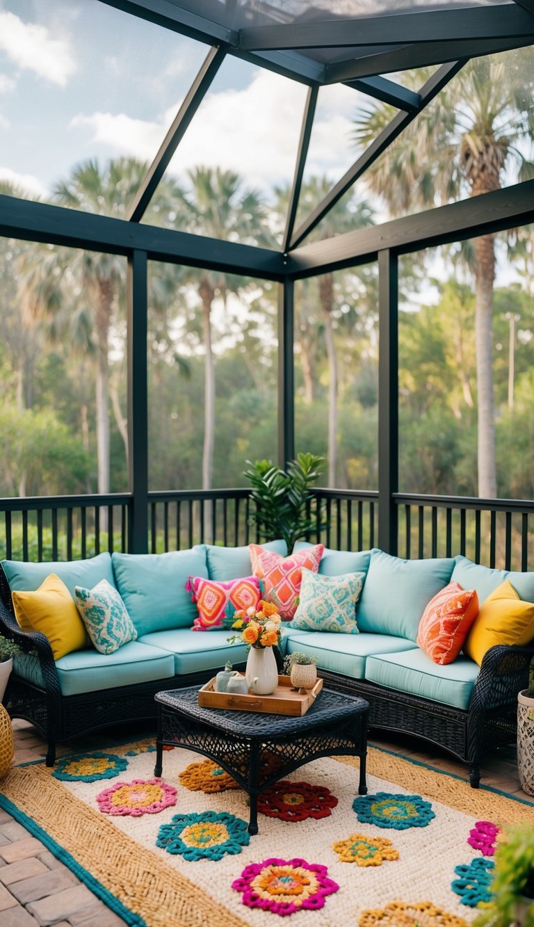 Colorful rugs and throw pillows adorn a cozy screened-in patio, creating a comfortable and inviting space for relaxation and entertainment