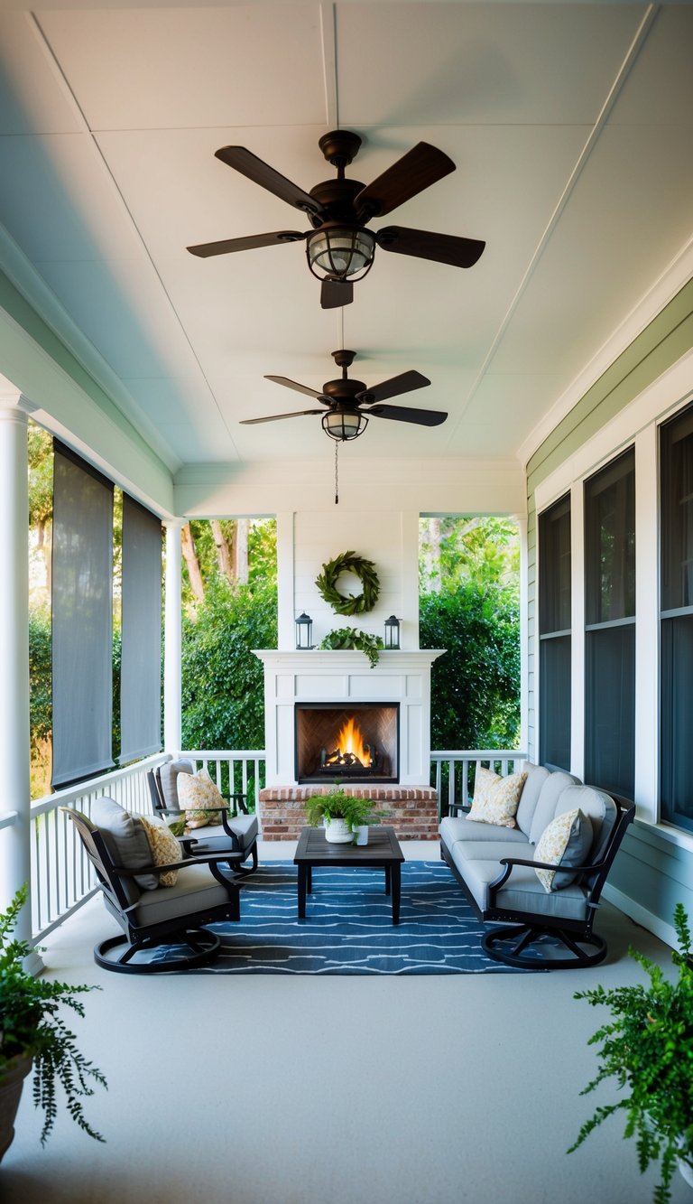 A spacious porch with retractable screens, a fireplace, and cozy seating, surrounded by lush greenery and equipped with ceiling fans for year-round enjoyment