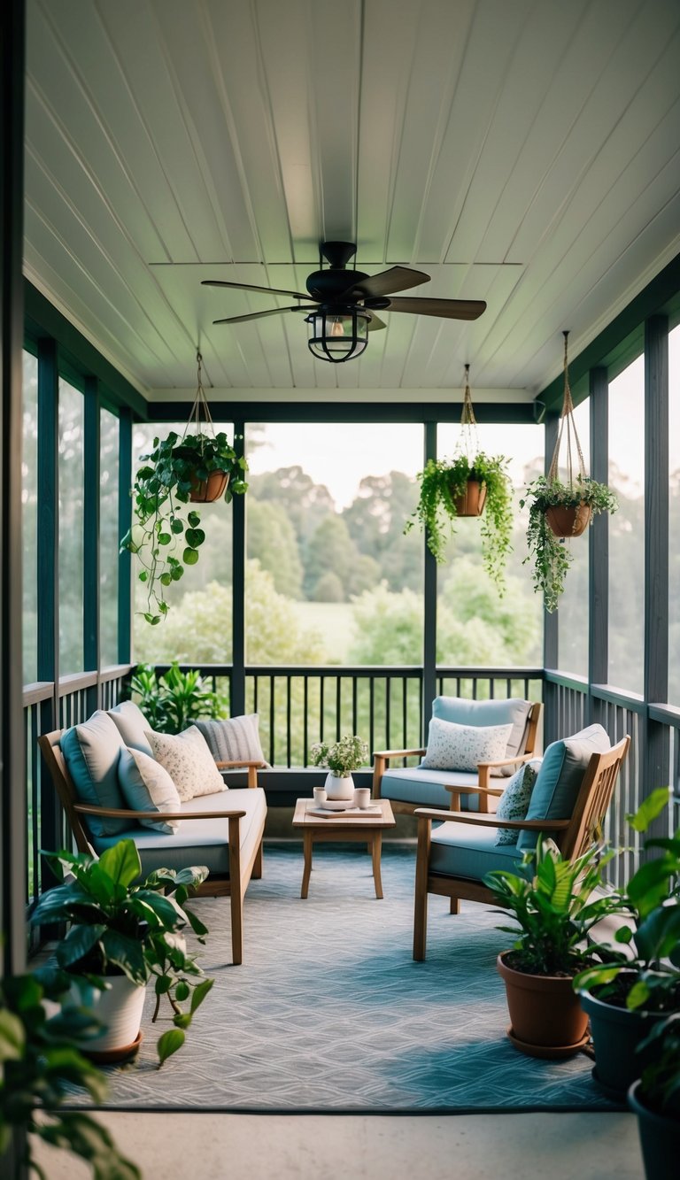 A cozy screened-in back porch with hanging plants, comfortable seating, soft lighting, and a view of the surrounding greenery