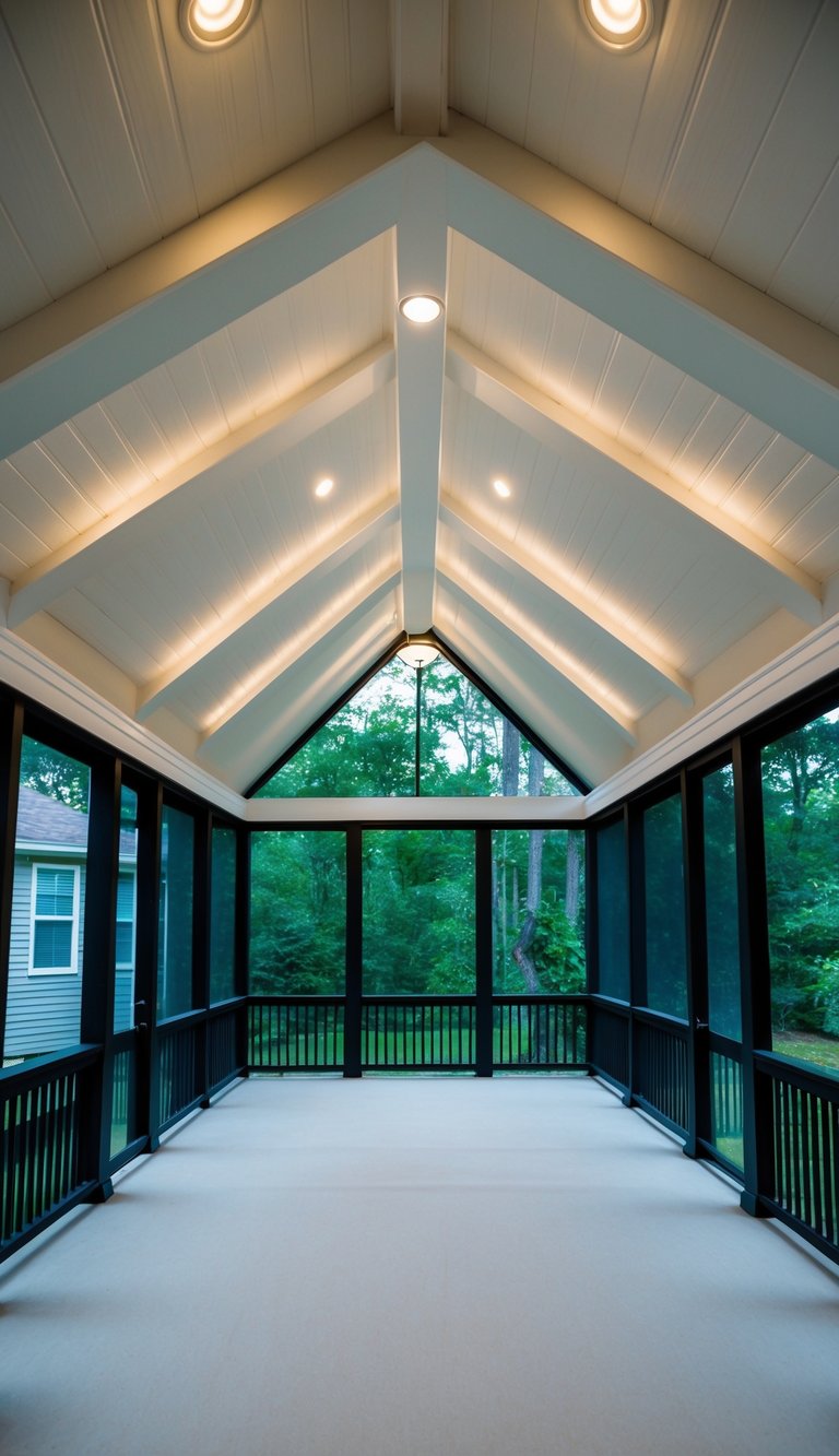 A vaulted ceiling is illuminated by recessed lighting, casting a soft glow over a spacious and inviting screened-in back porch