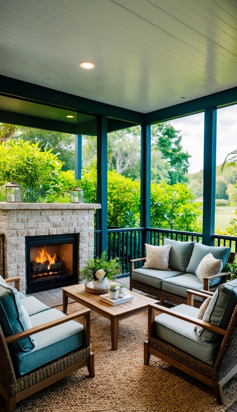 A cozy living room with a built-in fireplace, surrounded by comfortable seating and opening up to a screened-in back porch with lush greenery and a view of the outdoors