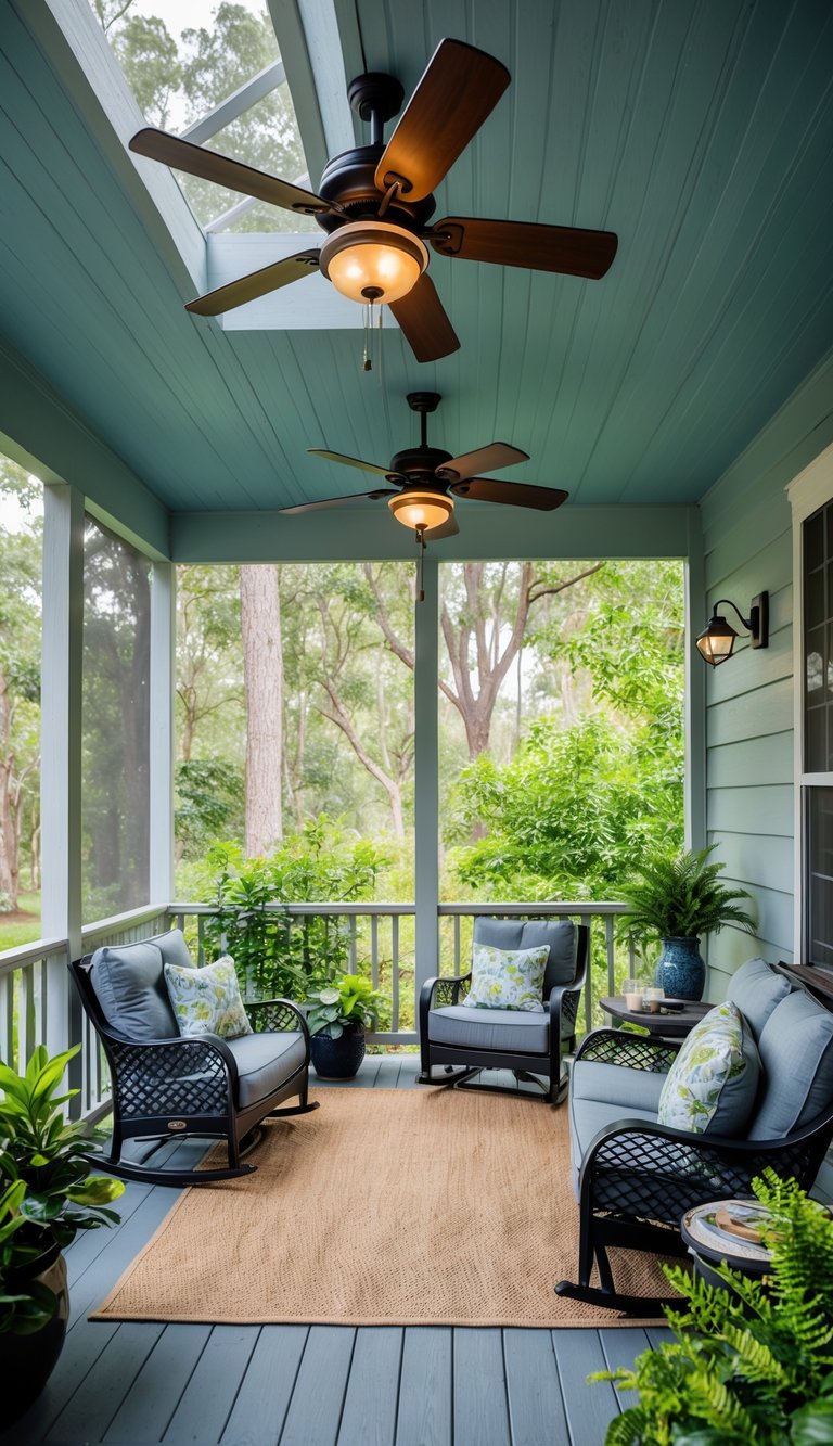 A cozy screened-in back porch with ceiling fans spinning, surrounded by lush greenery and comfortable seating for relaxing and enjoying the improved air circulation