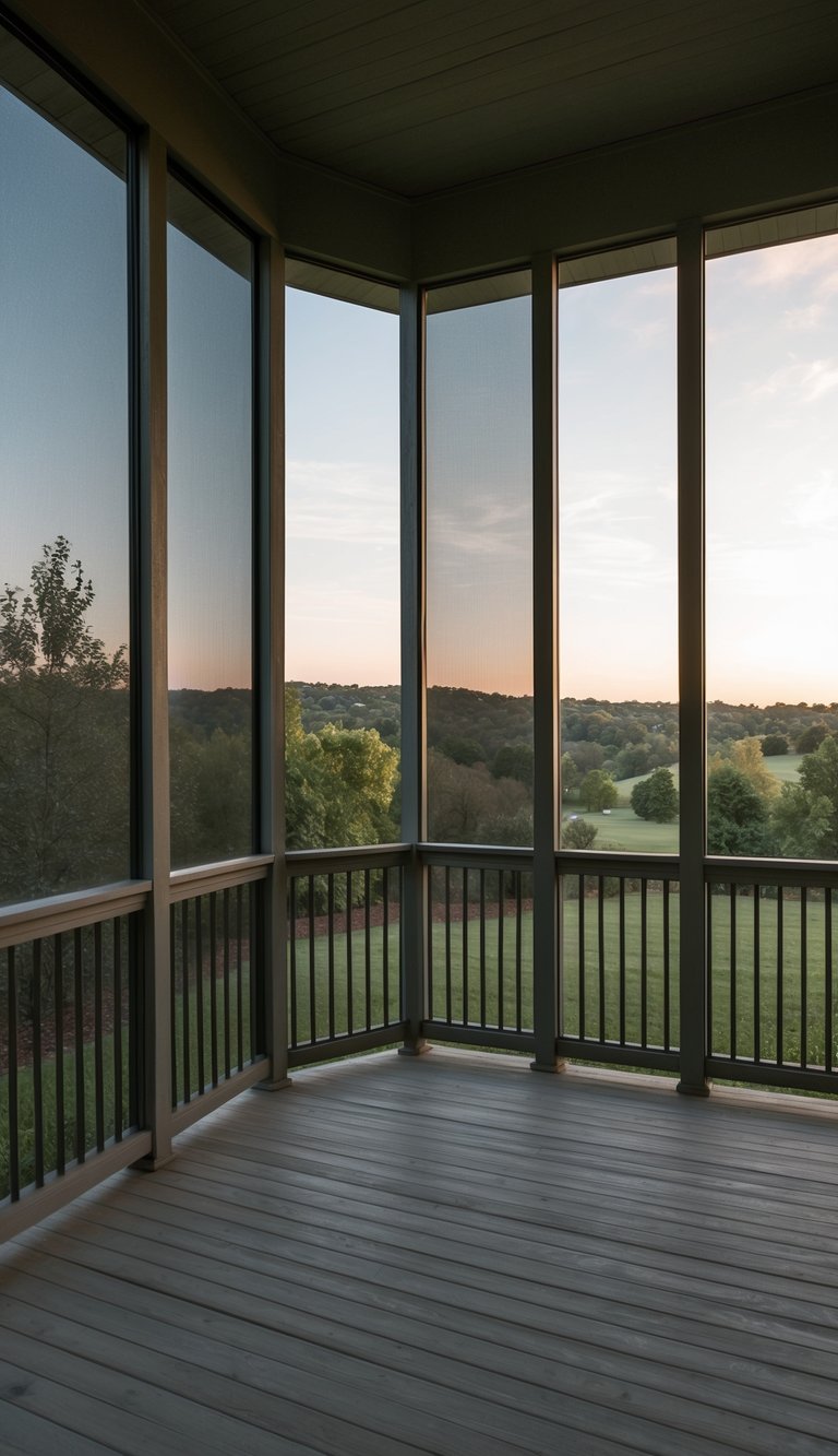 A spacious back porch with large screens providing unobstructed views of the surrounding landscape