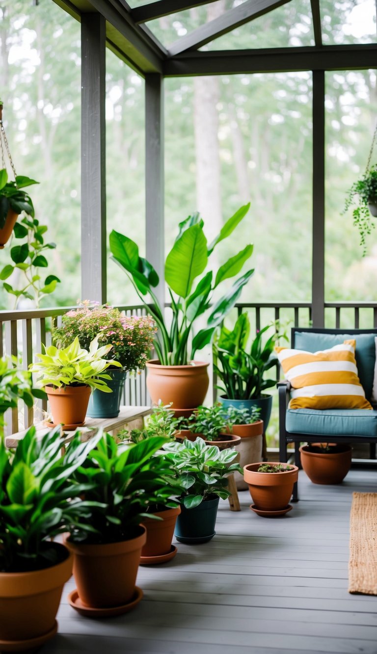Lush potted plants adorn a screened-in back porch, adding vibrant natural color to the cozy outdoor space