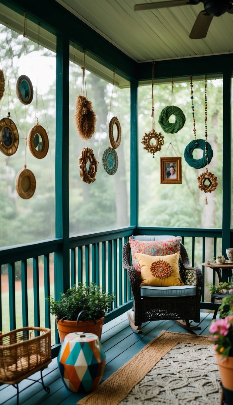 A cozy screened-in back porch adorned with eclectic wall hangings that reflect the owner's unique personality and style