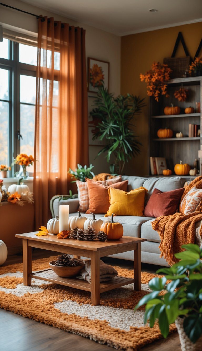 A cozy living room with warm fall colors, a sofa with cushions and blankets, a wooden coffee table with pumpkins and candles, and natural light coming through windows.