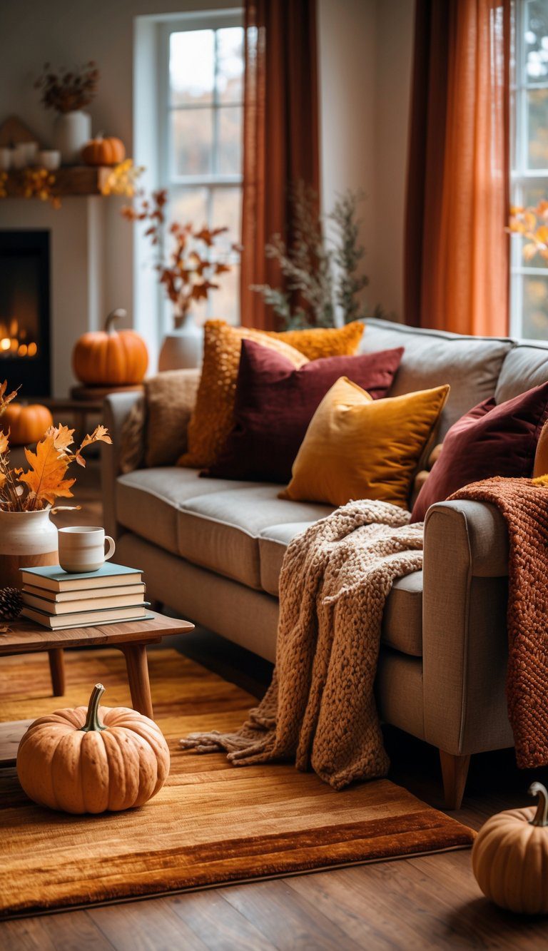 A living room decorated for fall with a sofa covered in warm-colored blankets and cushions, a wooden coffee table with autumn decor, and a fireplace in the background.