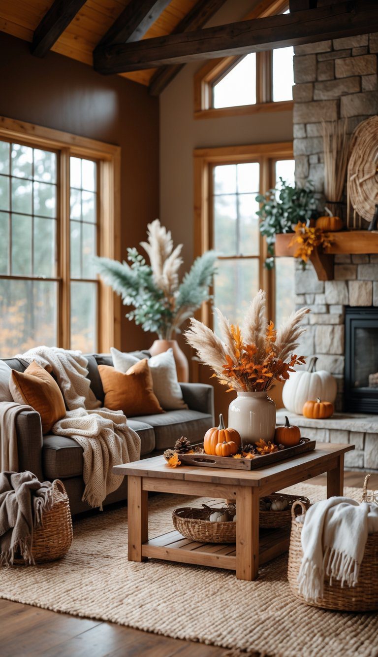 A living room decorated with warm fall colors, natural materials, a wooden coffee table with seasonal decor, and a stone fireplace.