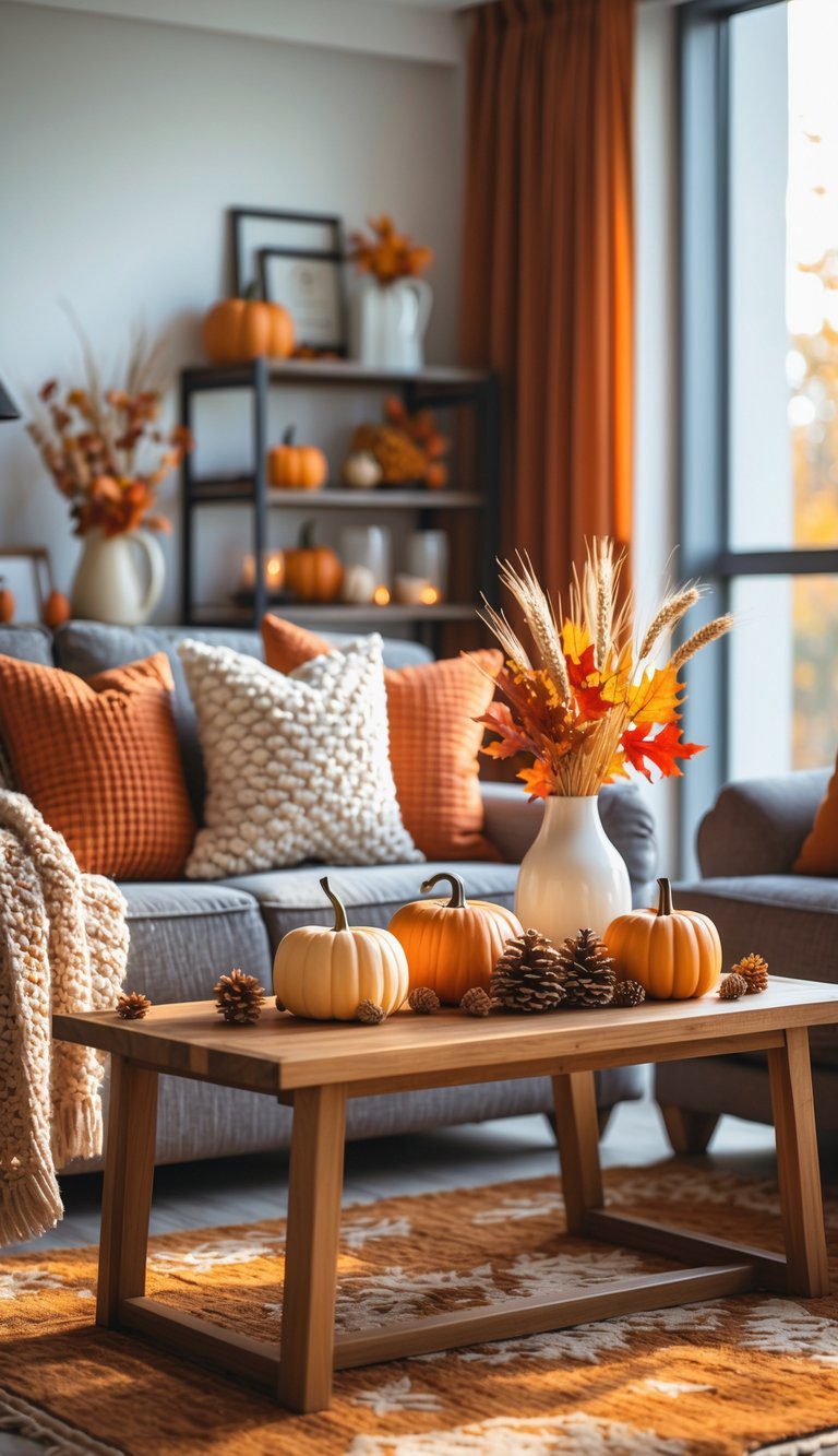 A cozy living room decorated with autumn-themed pillows, pumpkins, pinecones, and dried leaves on a coffee table, with warm natural light coming through the windows.