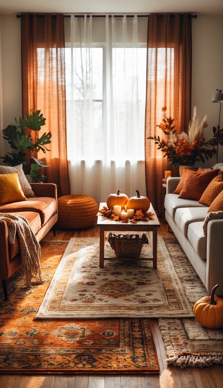 A living room with layered rugs on hardwood flooring, featuring a sofa, coffee table with fall decorations, and warm natural lighting.