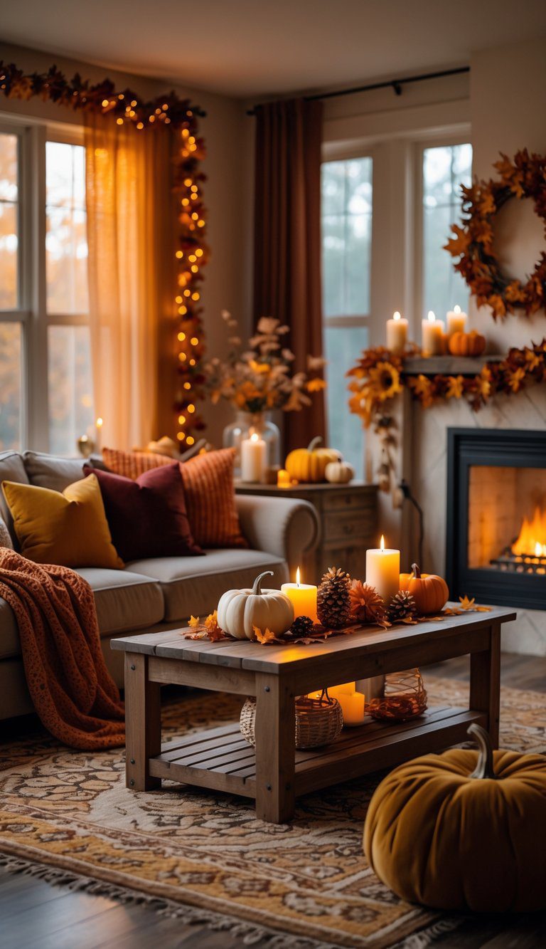 A cozy living room with warm lighting, autumn decorations like pumpkins and candles, a fireplace, and comfortable seating.