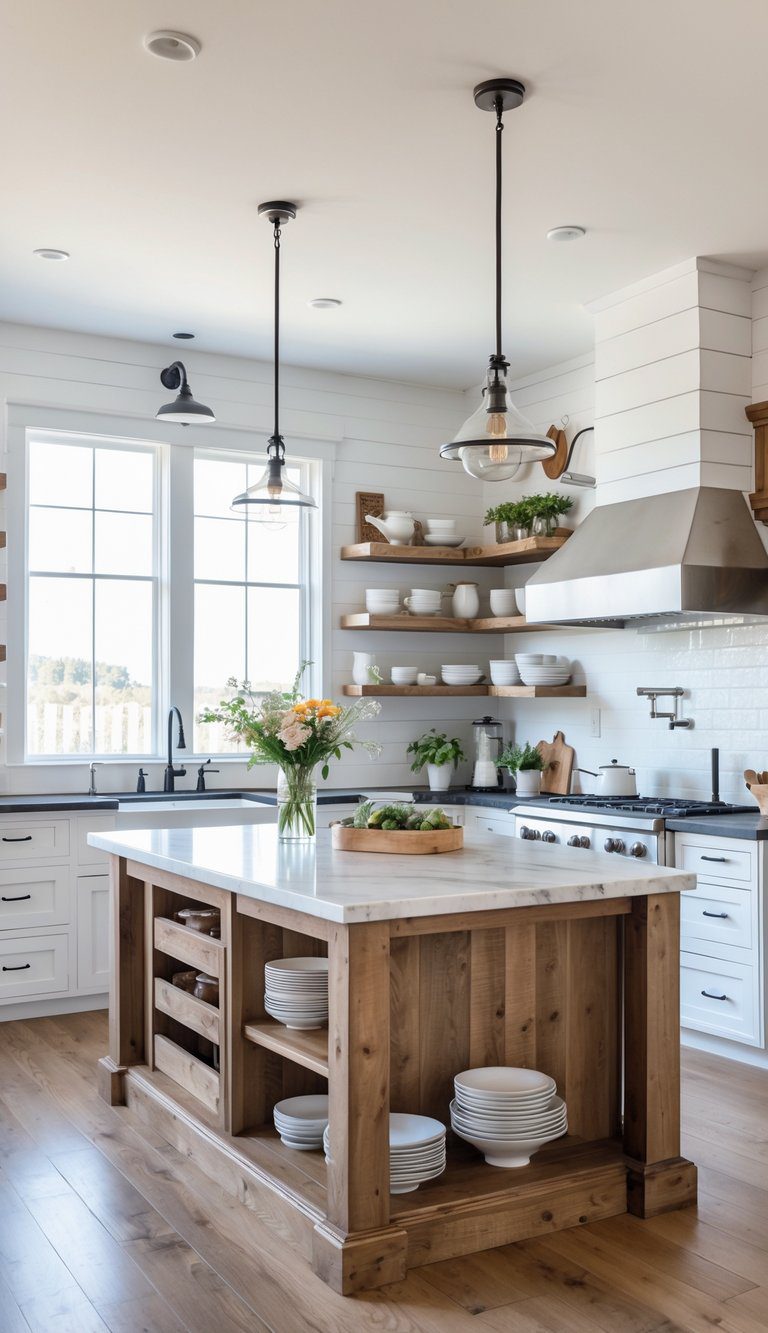 A spacious kitchen with a large island, wooden shelves, stainless steel appliances, and natural light coming through a window.
