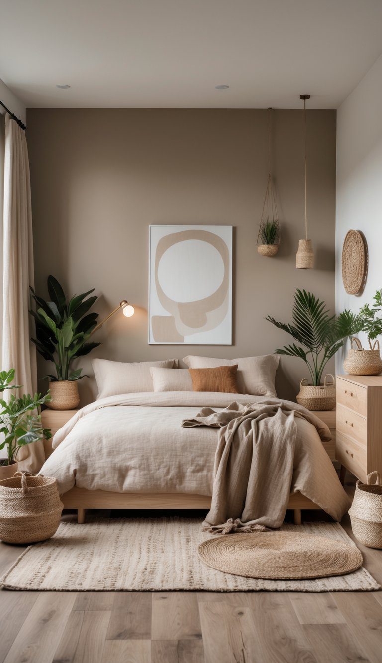 A bedroom with a large bed, wooden furniture, potted plants, and neutral earth tone colors.