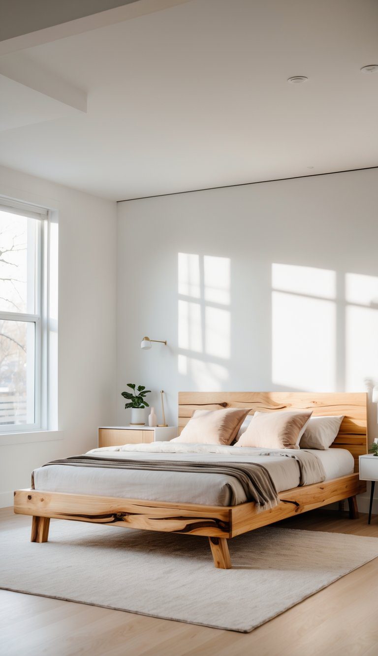 A bedroom with a natural wood bed frame as the centerpiece, surrounded by simple furniture and soft natural light.