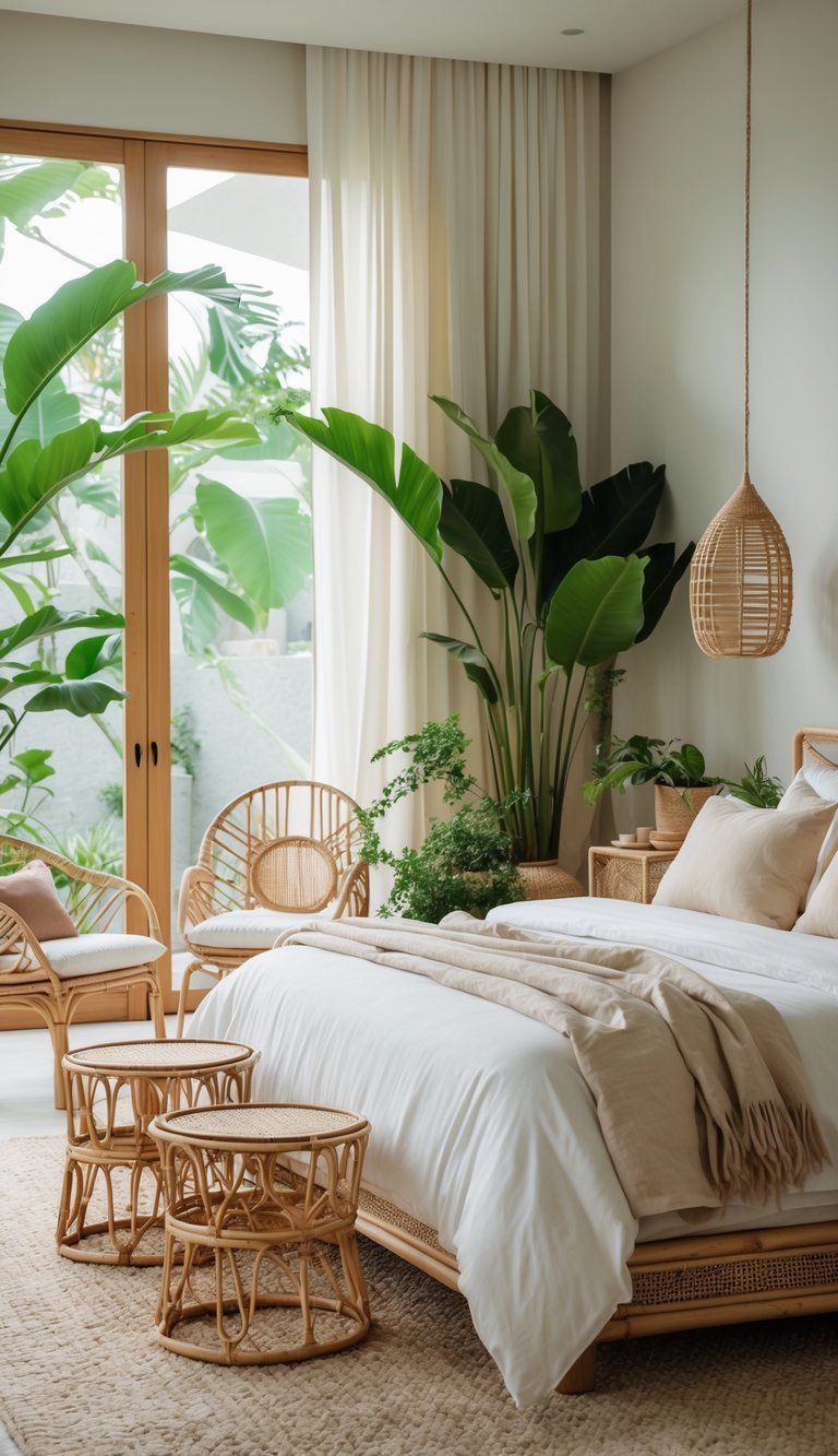 A bright bedroom with a bed, rattan side tables and chairs, plants, and natural light coming through large windows.