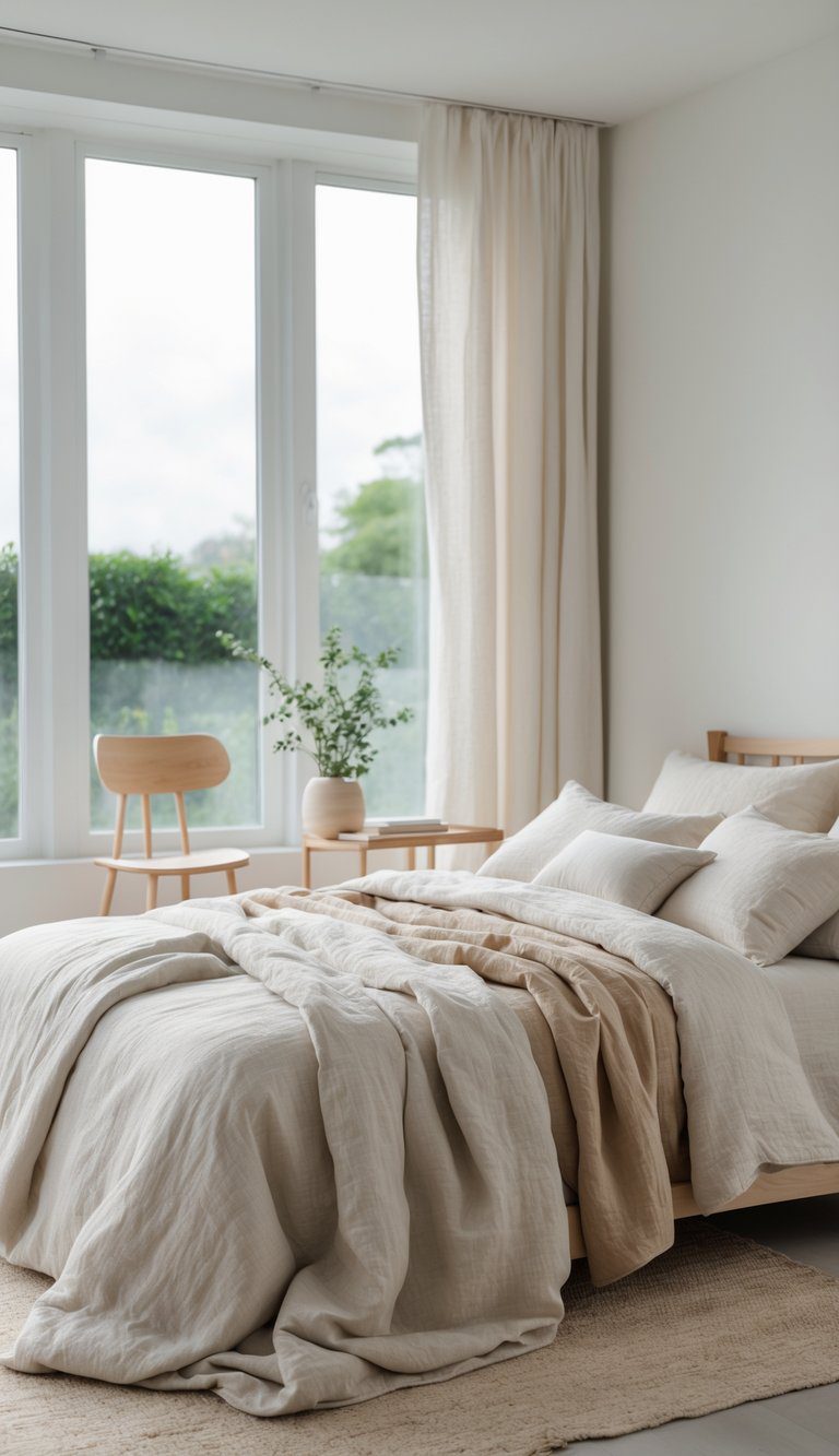 A bright bedroom with a neatly made bed featuring natural fabric bedding, wooden furniture, and a potted plant near a large window.