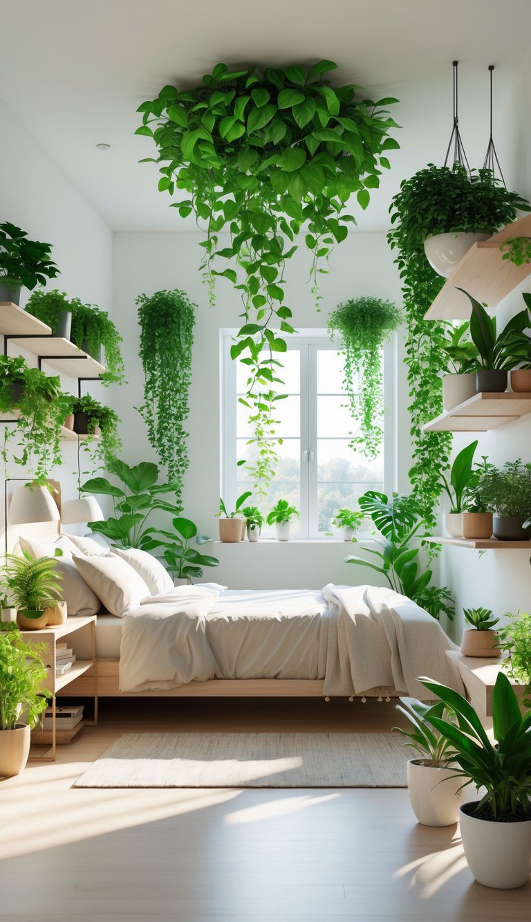 A bright bedroom with a bed, wooden furniture, and many green plants in pots and hanging from the ceiling.