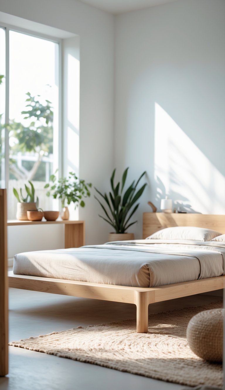 A clean and simple bedroom with a low wooden platform bed, natural light, green plants, and neutral-colored bedding.