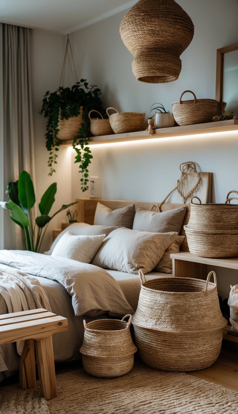A modern bedroom with a bed, wooden furniture, green plants, and woven baskets used for storage placed around the room.