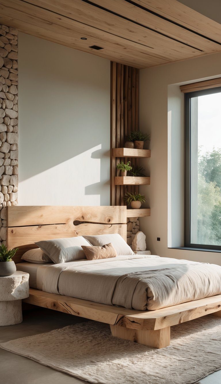 A modern bedroom with a wooden headboard, stone bedside tables, and natural light illuminating the space.