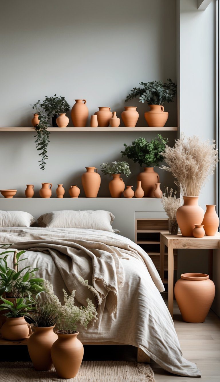 A modern bedroom with terracotta pots and ceramic vases arranged around the bed, featuring natural light and wooden furniture.