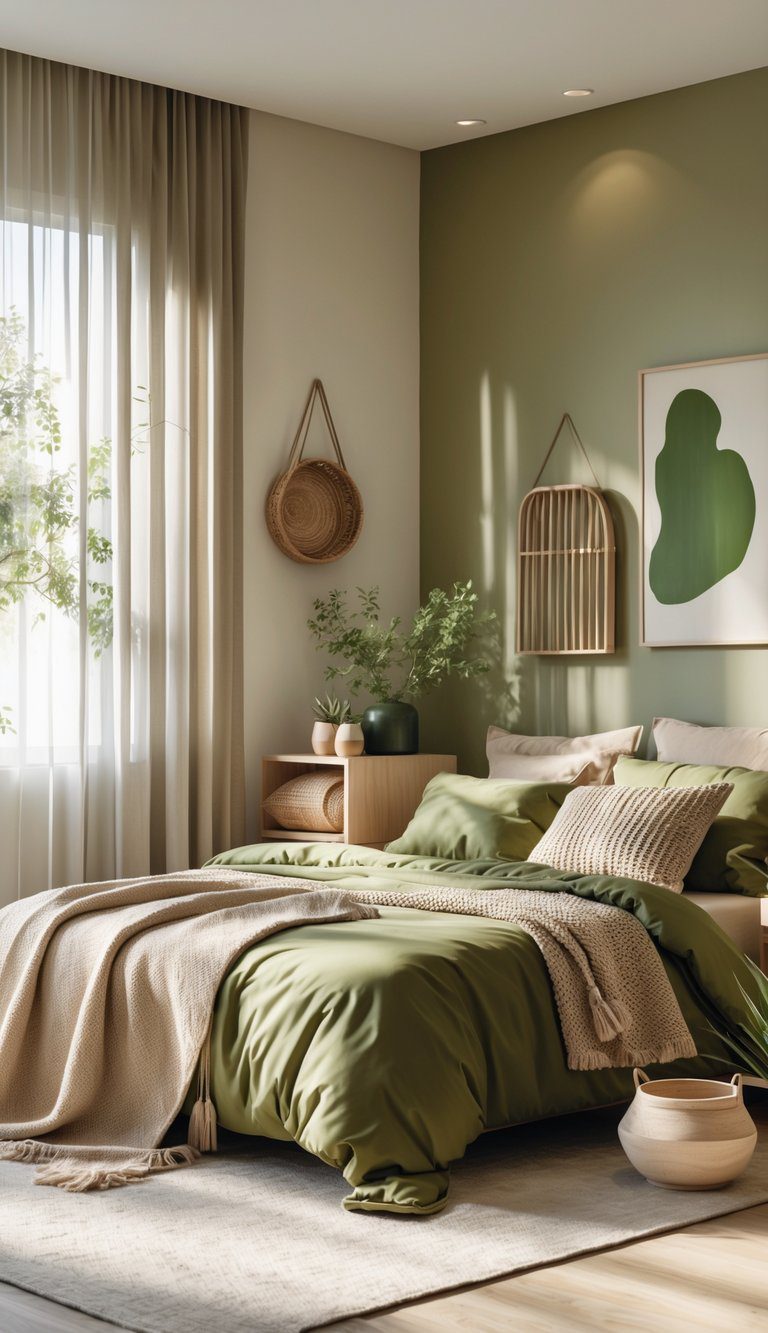A bedroom with a bed featuring olive green and beige bedding, wooden furniture, plants, and soft natural lighting.