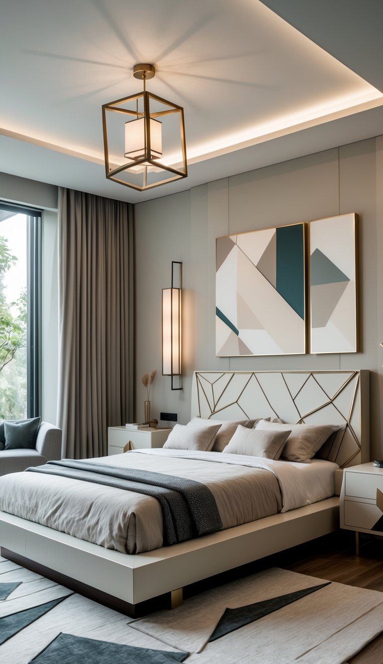 A bedroom with a bed, nightstands, geometric pendant light, abstract wall art, and a patterned rug illuminated by natural light.