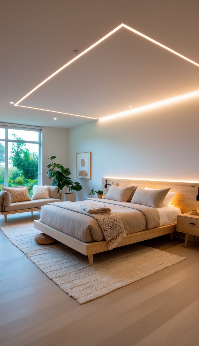 A bright bedroom with a large bed, natural wood furniture, green plants, and soft LED lighting creating a warm and inviting atmosphere.