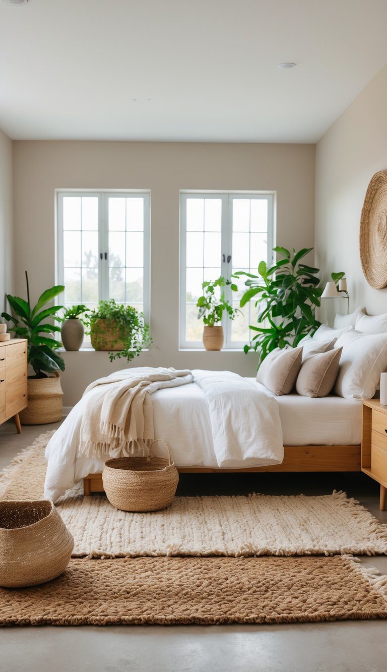 A bright bedroom with a bed, wooden furniture, soft rugs on the floor, plants, and natural light coming through large windows.