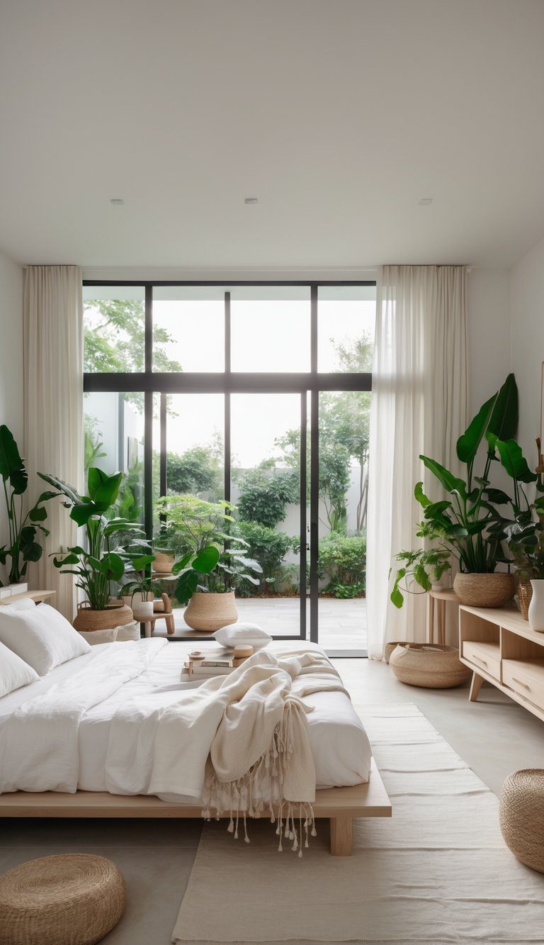 A spacious, bright bedroom with a large bed, natural light, plants, and simple, clean furnishings.